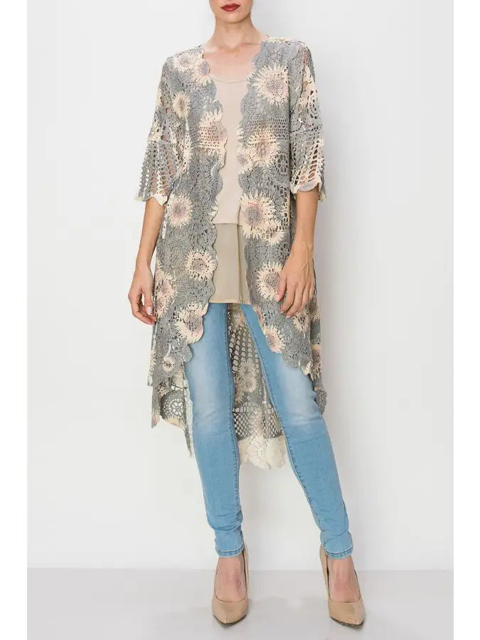 All crochet cardigan duster with black sunflower print.