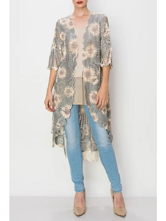 All crochet cardigan duster with black sunflower print.