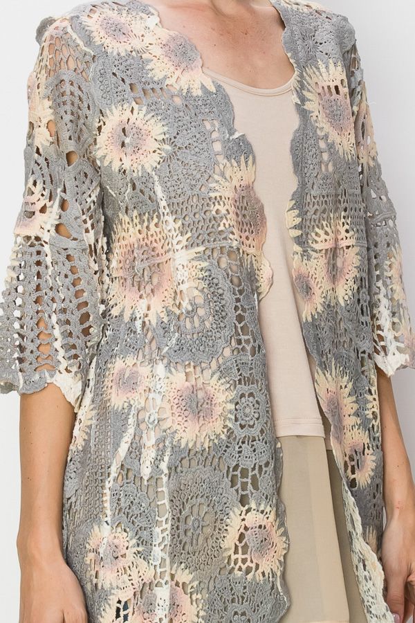 All crochet cardigan duster with black sunflower print.