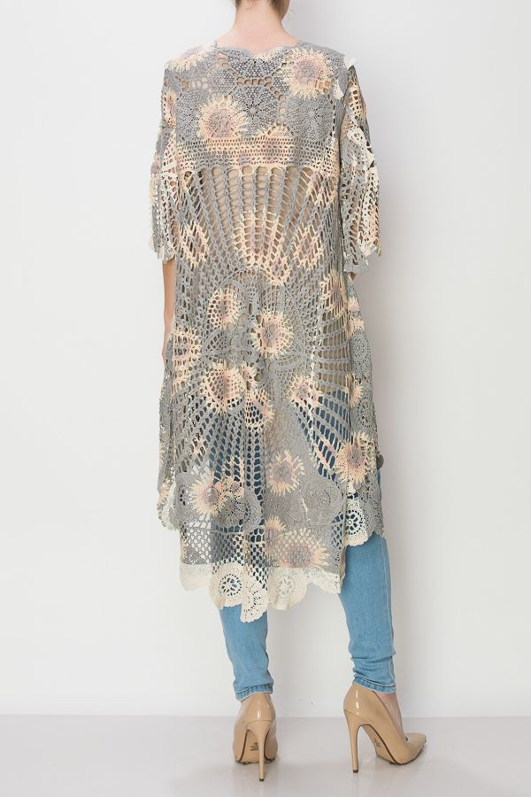 All crochet cardigan duster with black sunflower print.