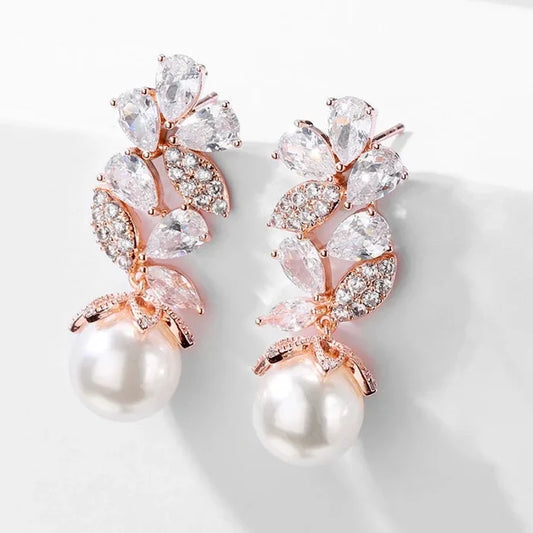 Wedding Jewelry - Pearl and Cubic Zirconia Bridal Earrings