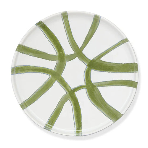 A round white plate featuring an abstract pattern of hand-painted olive green brushstrokes radiating from the center, shown against a plain white background.