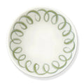 A white ceramic plate with a decorative border of hand-painted olive green spiral patterns, shown from a top-down view on a white background.