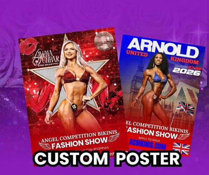 Angel Competition Fashion Show - Deposit featuring red and blue competition bikinis for NPC bikini competition suit and figure competition suits