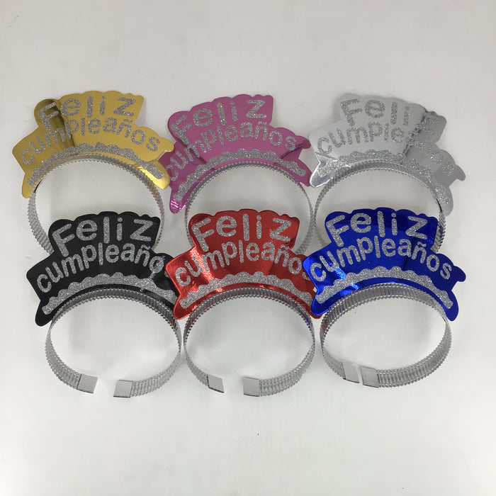 Colorful 'Feliz cumpleaños' party hats on a white background