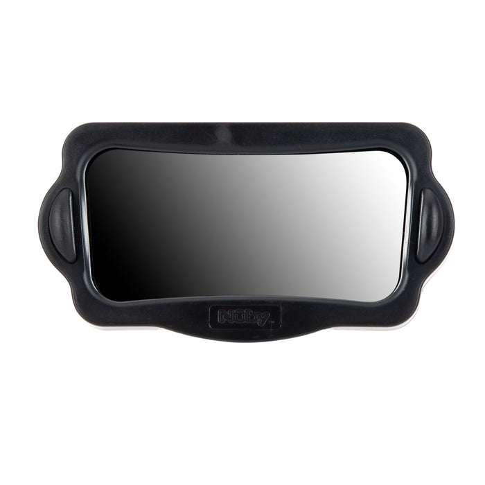The Baby View Mirror is a rectangular convex baby car mirror with a black plastic frame, two side handles for adjustment, and multiangle viewing. The Nuby brand name is imprinted on the bottom of the frame.