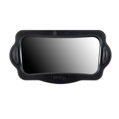 The Baby View Mirror is a rectangular convex baby car mirror with a black plastic frame, two side handles for adjustment, and multiangle viewing. The Nuby brand name is imprinted on the bottom of the frame.