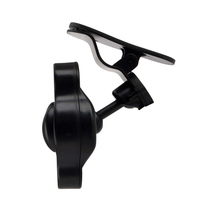 A black plastic suction mount with a swivel joint and flat plate, designed for multiangle viewing with the Baby View Mirror, is shown in side profile against a white background.