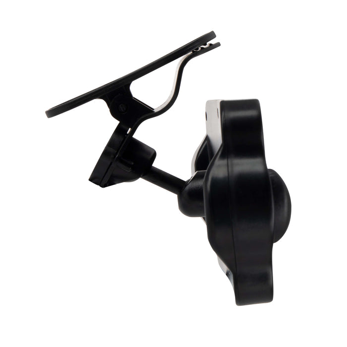A side view of the black plastic visor clip mount for the Baby View Mirror, featuring an adjustable joint and flat rectangular gripping surface on a rounded base—perfect for securing your baby car mirror.
