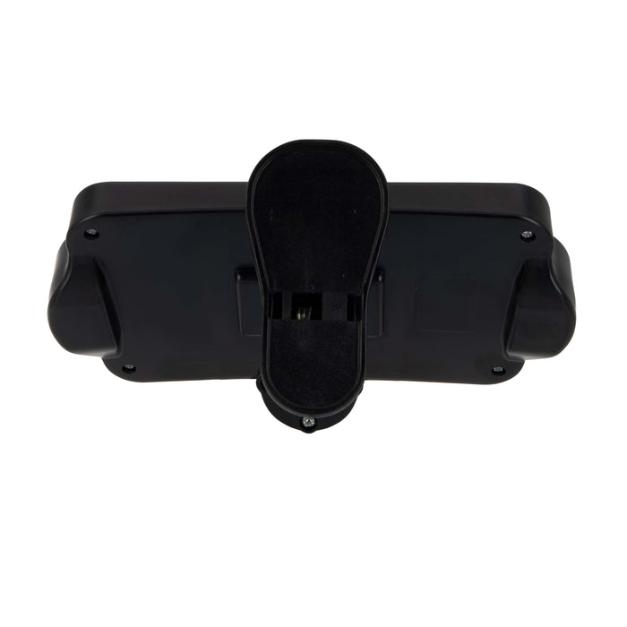 The Baby View Mirror is a black plastic baby car mirror with rounded sides and a central mounting bracket. Shown from the back on a white background, it features a smooth surface, visible screws, and provides a multiangle view.
