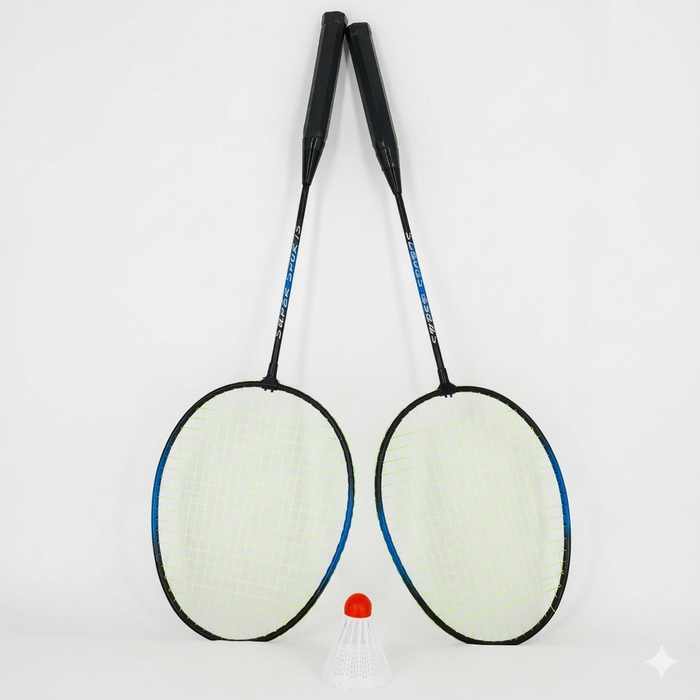 Two badminton rackets on a white background