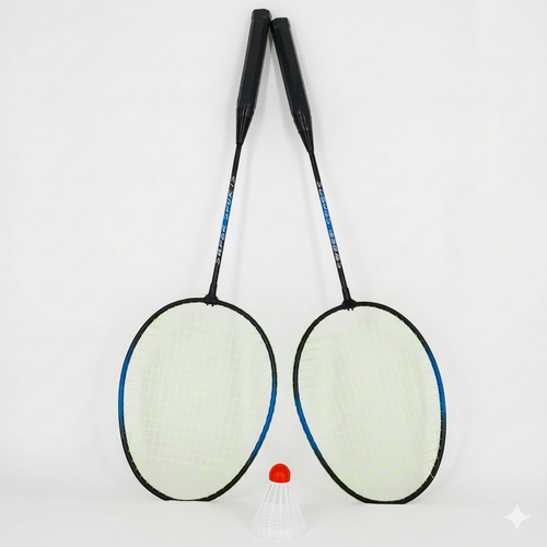 Two badminton rackets on a white background