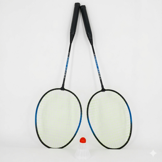 Two badminton rackets on a white background