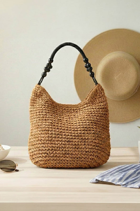 Bamboo Handle Paper Woven Shoulder Tote Bag