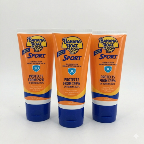Three tubes of Banana Boat Sport sunscreen lotion on a white background