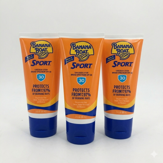 Three tubes of Banana Boat Sport sunscreen lotion on a white background
