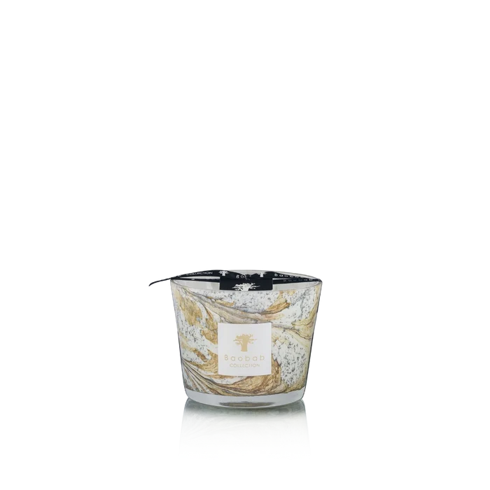 Candle with decorative hand blown glass on a white background
