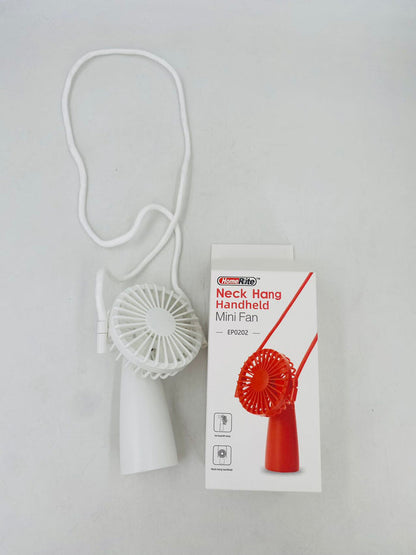 A white handheld mini fan with a red detail, alongside its packaging box which has the product name and image of the fan.