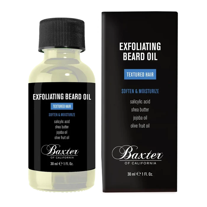 Baxter of California eksfolierende skjeggolje i glassflaske med svart etikett og eske