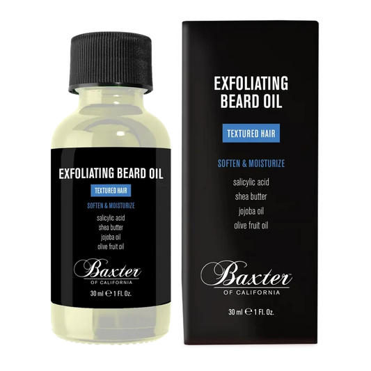 Baxter of California eksfolierende skjeggolje i glassflaske med svart etikett og eske