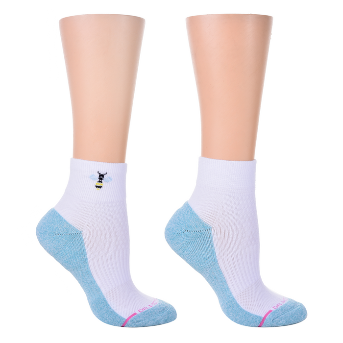 Quarter compression socks for women featuring a bee design and a blue accent on the heel and toe.