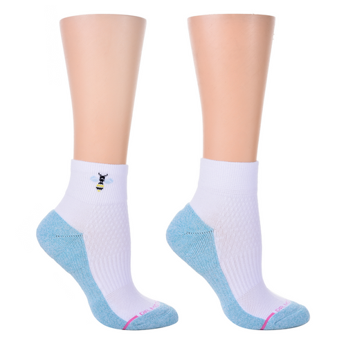 Quarter compression socks for women featuring a bee design and a blue accent on the heel and toe.