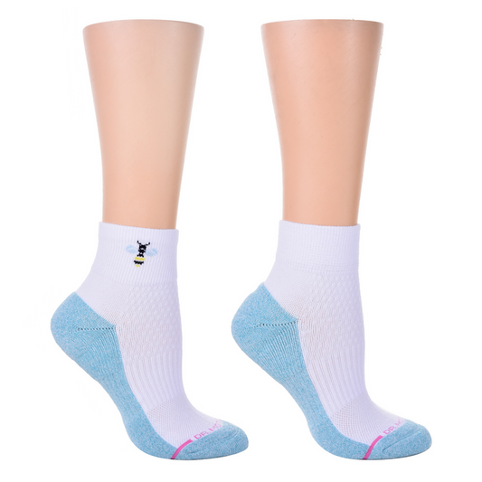 Quarter compression socks for women featuring a bee design and a blue accent on the heel and toe.