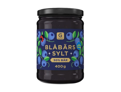 Garant Blåbärssylt 50% Bär 400g – Swedish Blueberry Jam, jar of authentic Swedish blueberry jam with 50% blueberries