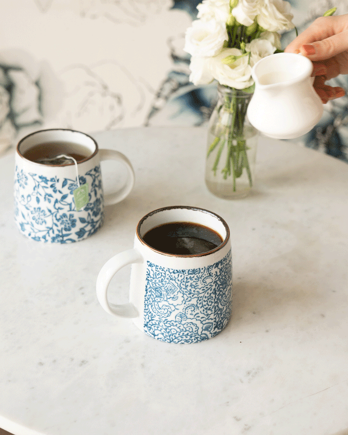 maman blue and white floral mugs set of three — animated view