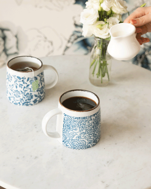maman blue and white floral mugs set of three — animated view
