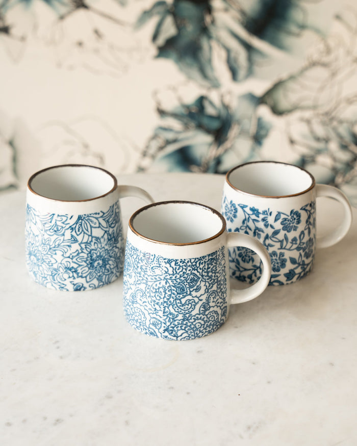 maman x Creative Co-Op blue and white floral ceramic mugs set of three