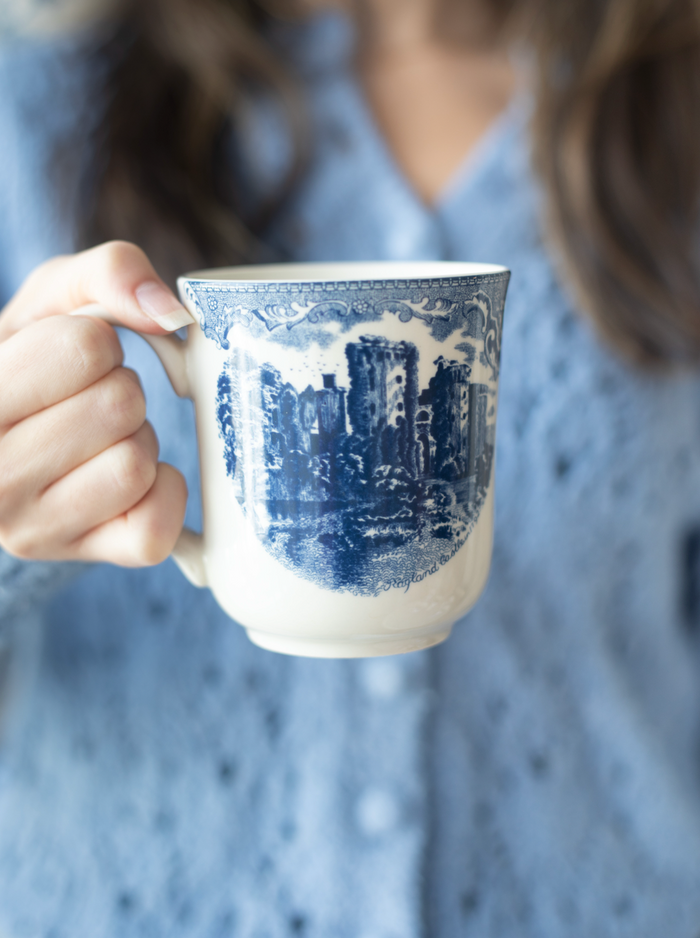 Person holding a blue and white scene patterned mug.