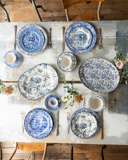 maman blue and white joie de vivre serving platter — styled with full plateware collection