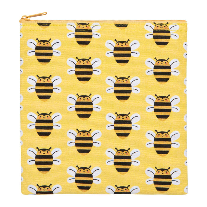Yellow pouch with bee pattern on a white background