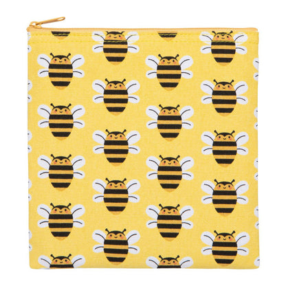Yellow pouch with bee pattern on a white background
