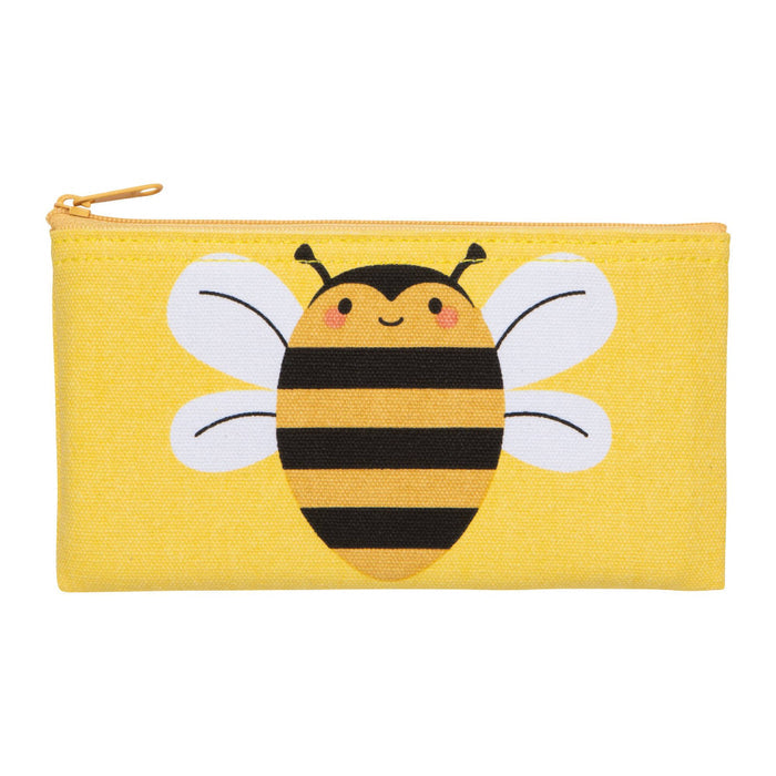Yellow pouch with a bee design on a white background