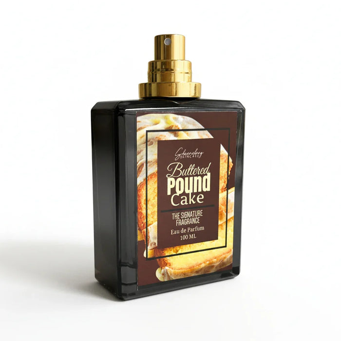 Buttered Pound Cake perfume bottle with gold spray cap and dessert-inspired label, 100ml
