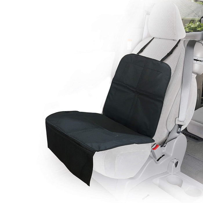 The Nuby Car Seat Protector with Storage Pouch, featuring a non-skid back, is attached to the light gray front passenger seat, covering the cushion and backrest to keep your car interior clean and neat while staying LATCH compatible.