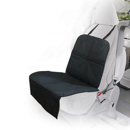 The Nuby Car Seat Protector with Storage Pouch, featuring a non-skid back, is attached to the light gray front passenger seat, covering the cushion and backrest to keep your car interior clean and neat while staying LATCH compatible.