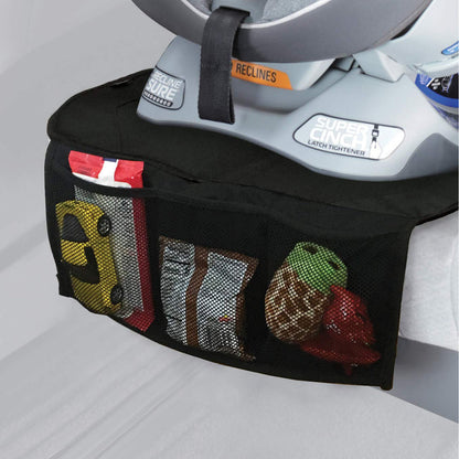 The Nuby Car Seat Protector with Storage Pouch, featuring mesh pockets and a non-skid back, holds a toy car, snacks, and a green sippy cup under a child's car seat installed in a vehicle.