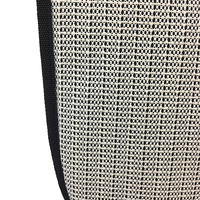 Close-up of the Nuby Car Seat Protector with Storage Pouch, showing its textured beige fabric and mesh-like pattern. A black edge borders the left side, while a non-skid back with small holes offers a netted look.