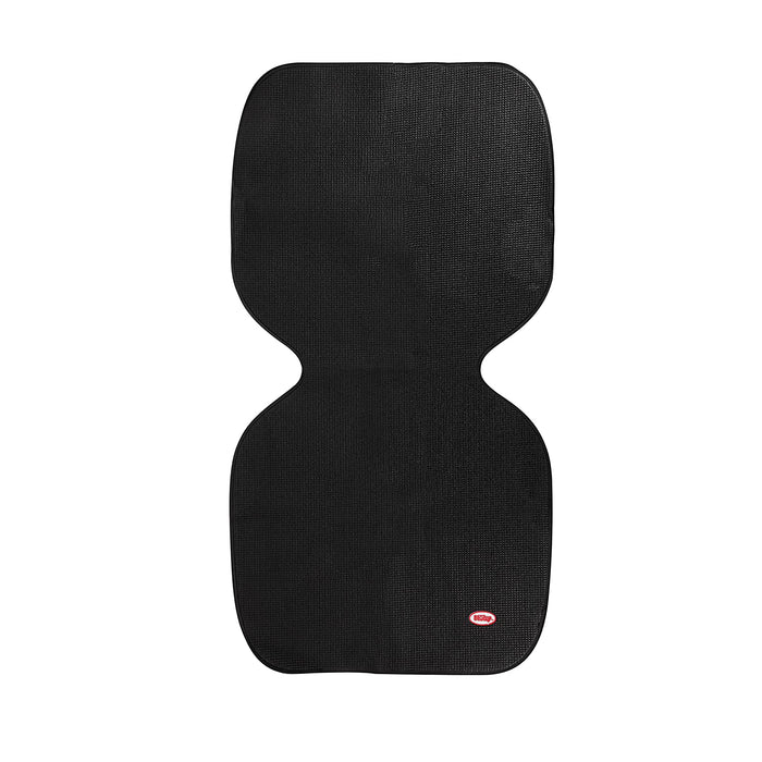 The Car Seat Undermat is a black, textured car seat protector with rounded edges, an hourglass shape, anti-slip mat design, and a small red and white logo in the bottom right corner.