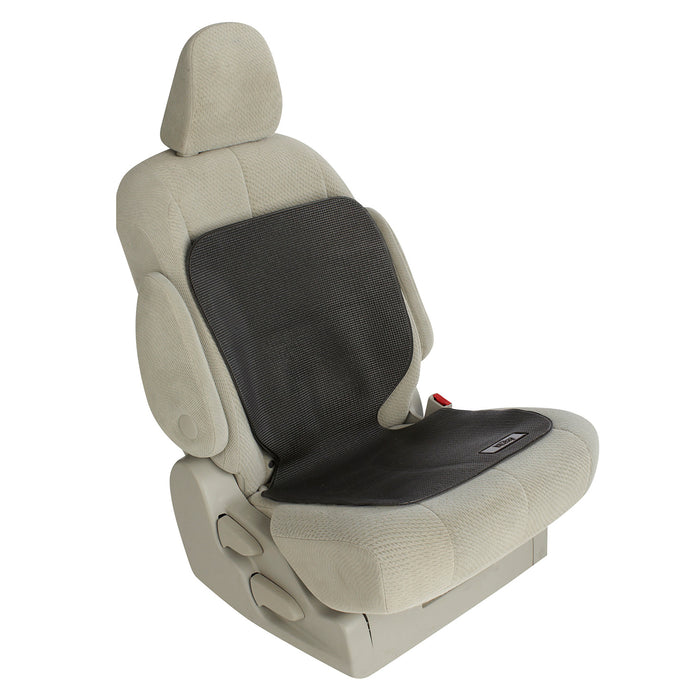 The Car Seat Undermat, in black, provides anti-slip protection and added comfort for your beige car seat by covering the backrest and seat area.