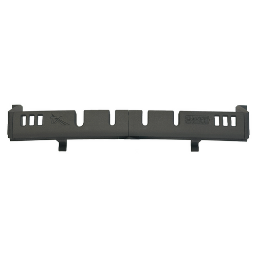 Black plastic rifle dust cover with vented cutouts and molded logos