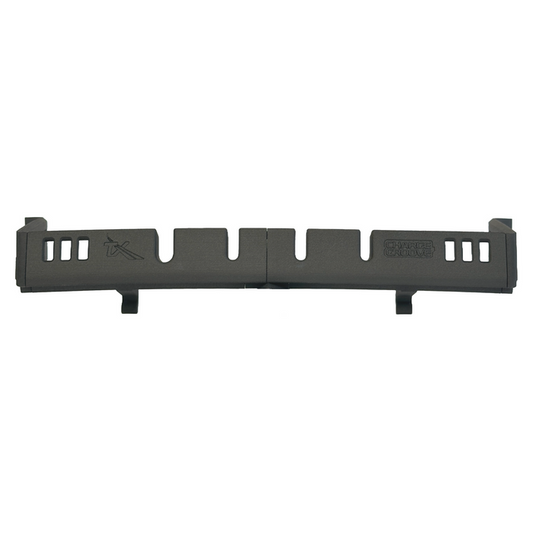 Black plastic rifle dust cover with vented cutouts and molded logos