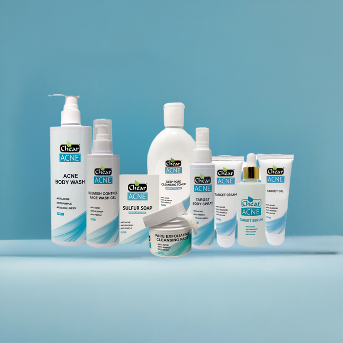 CHEAR Acne Face & Body Skincare Set | 9-Piece Daily Routine | Cleanser, Toner, Serum, Cream, Gel, Spray, Soap & Cleansing Pads