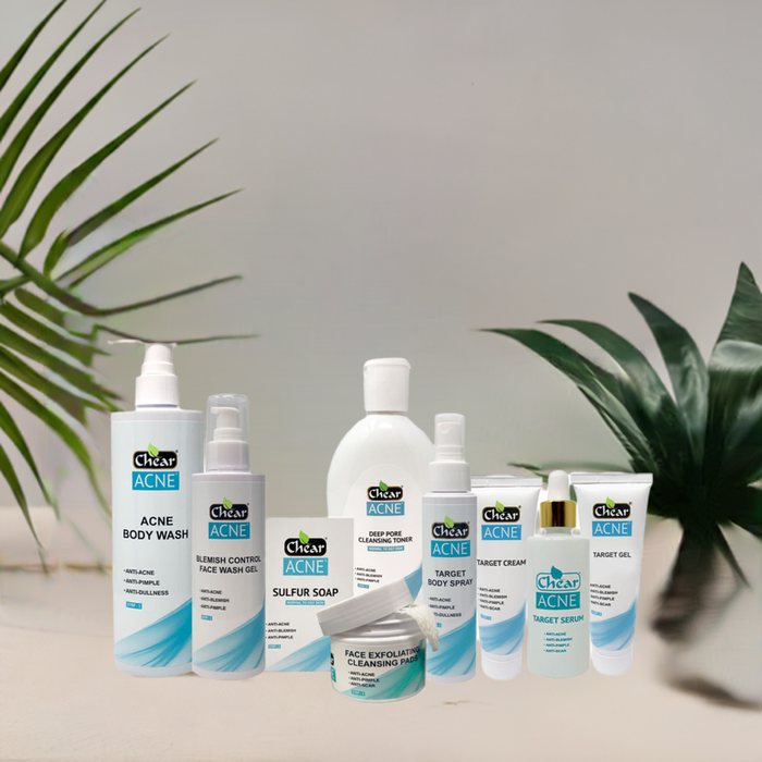 CHEAR Acne Face & Body Skincare Set | 9-Piece Daily Routine | Cleanser, Toner, Serum, Cream, Gel, Spray, Soap & Cleansing Pads