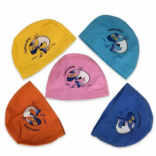 Five colorful swim caps with cartoon fish design on a white background