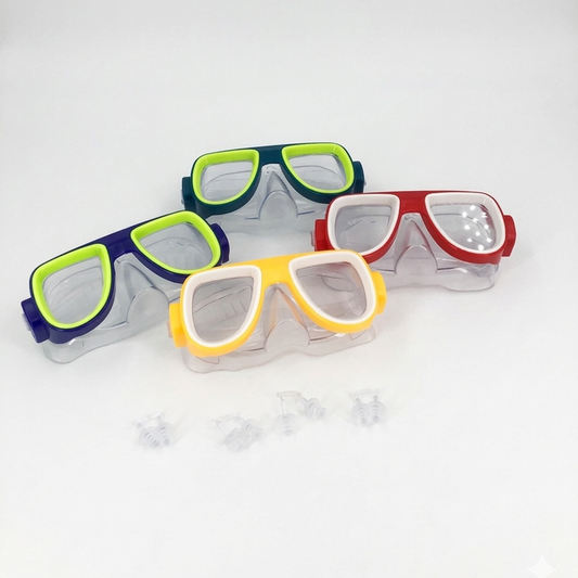Four pairs of colorful diving goggles on a white background