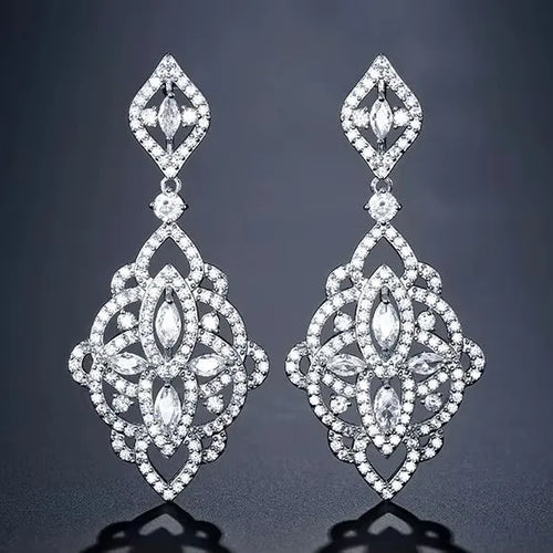 Wedding Jewelry - Silver Cubic Zirconia Bridal Earrings